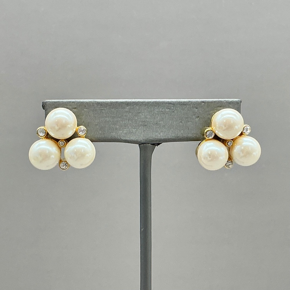 Marvella Earrings Vintage Faux Pearl Clear Rhinestone Gold Tone Signed Pierced